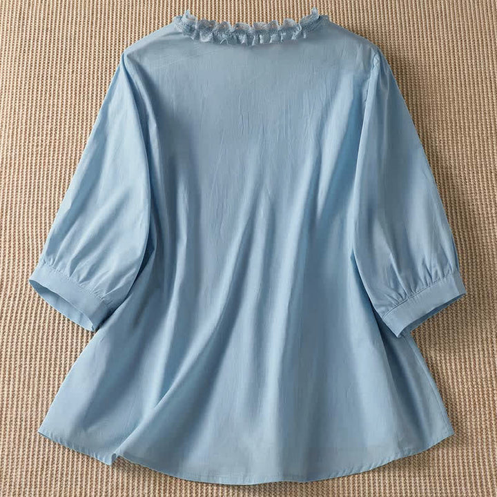 Buddha Stones Camicia da donna estiva casual ed elegante con scollo a V, maniche a tre quarti e volant, a strati. - image 14