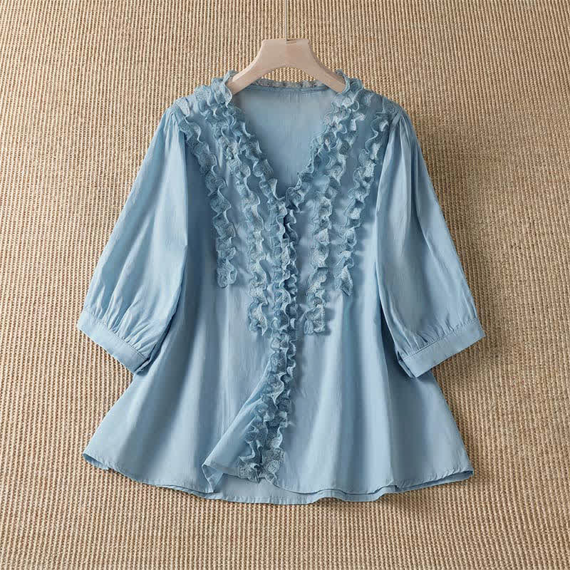 Buddha Stones Camicia da donna estiva casual ed elegante con scollo a V, maniche a tre quarti e volant, a strati. - Azzurro cielo chiaro - US8-10, UK/AU12-14, EU40-42 (XL) - image 8