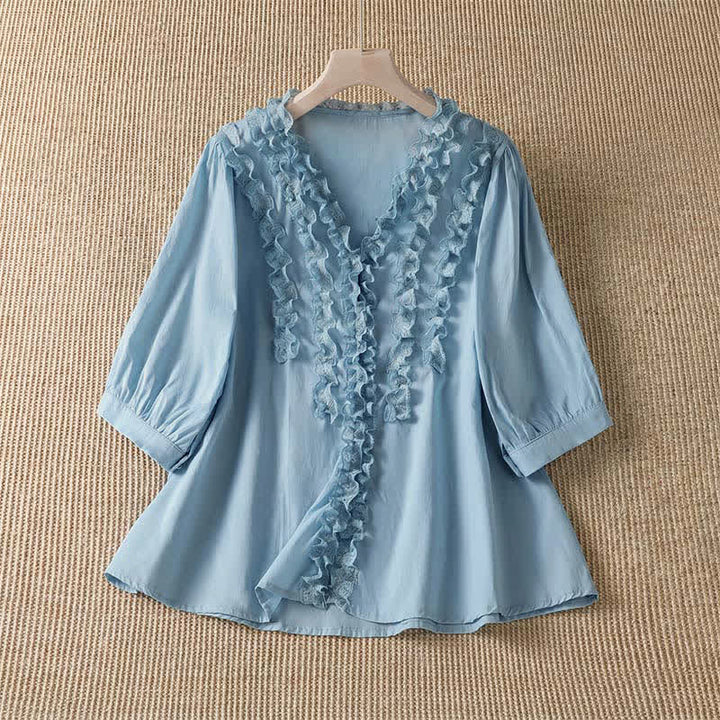 Buddha Stones Camicia da donna estiva casual ed elegante con scollo a V, maniche a tre quarti e volant, a strati. - Azzurro cielo chiaro - US8-10, UK/AU12-14, EU40-42 (XL) - image 8