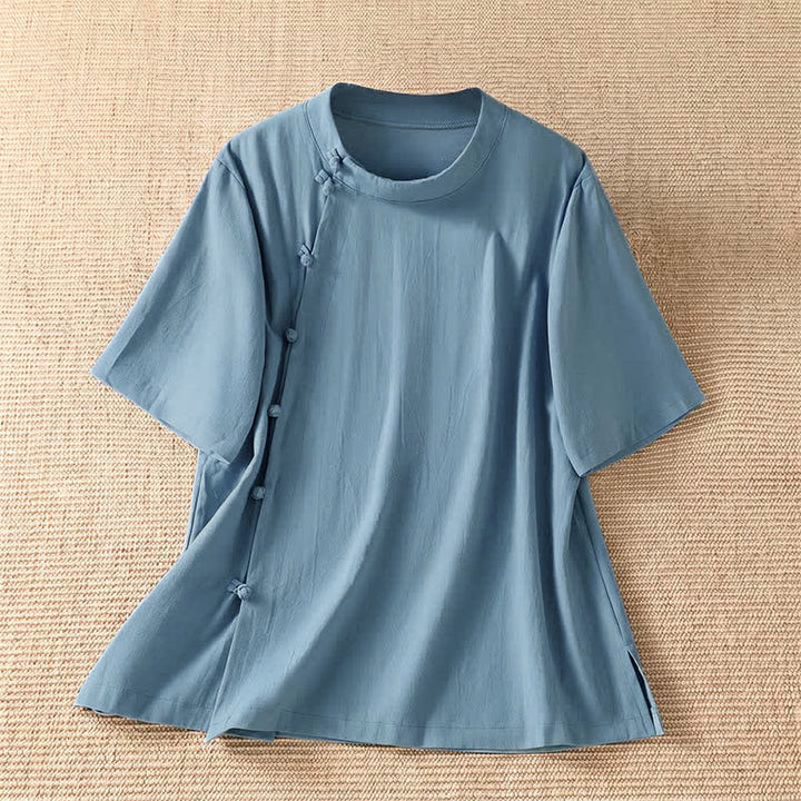 Buddha Stones Camicia da donna estiva casual a maniche corte con scollo rotondo e bottoni a rana, stile Tang. - Azzurro chiaro - US8-10, UK/AU12-14, EU40-42 (2XL) - image 0
