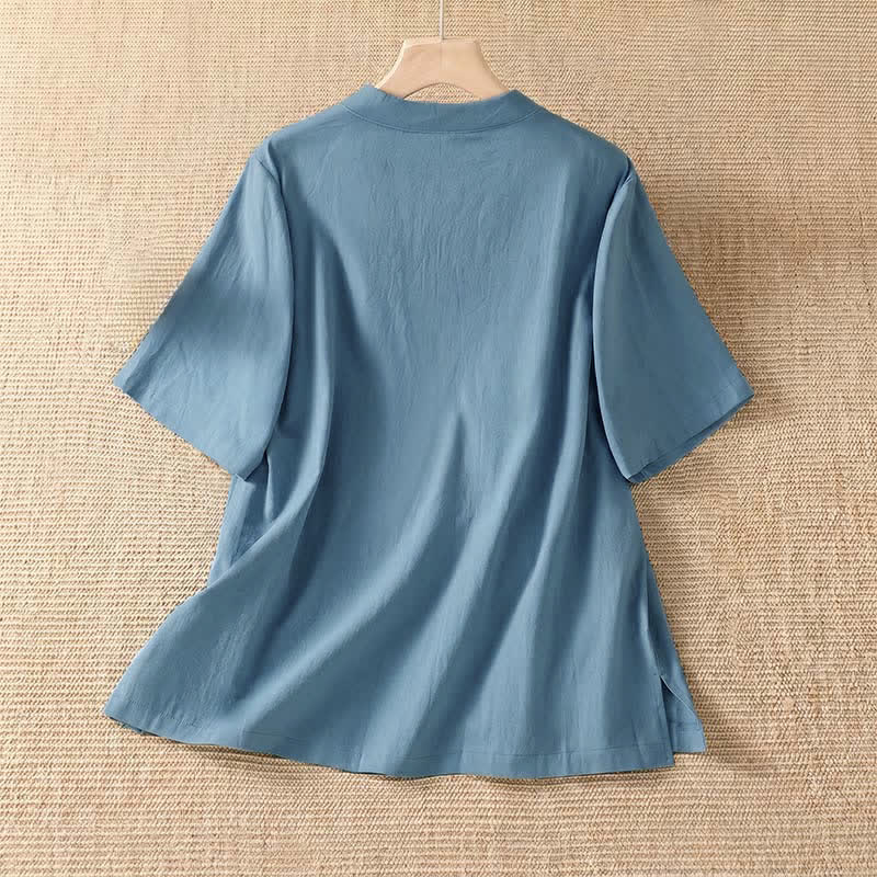 Buddha Stones Camicia da donna estiva casual a maniche corte con scollo rotondo e bottoni a rana, stile Tang. - image 1