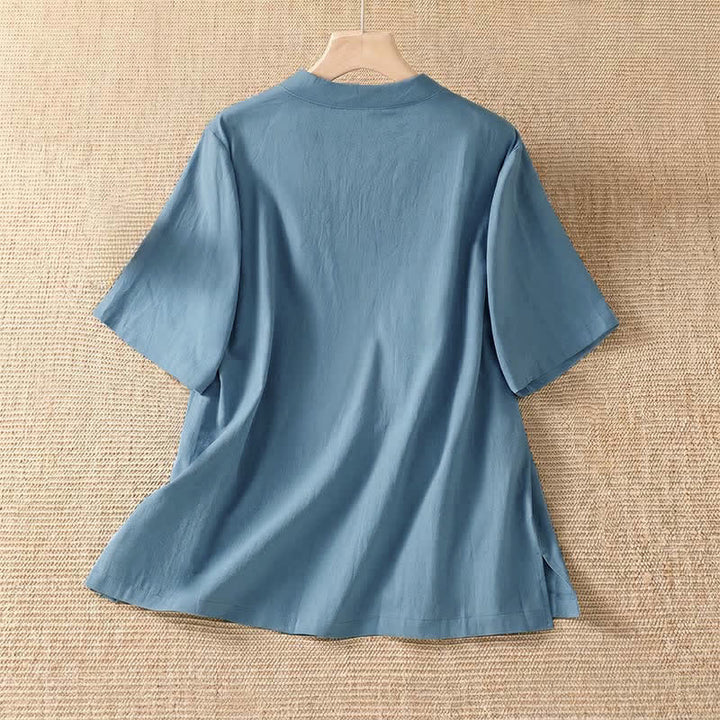 Buddha Stones Camicia da donna estiva casual a maniche corte con scollo rotondo e bottoni a rana, stile Tang. - image 1
