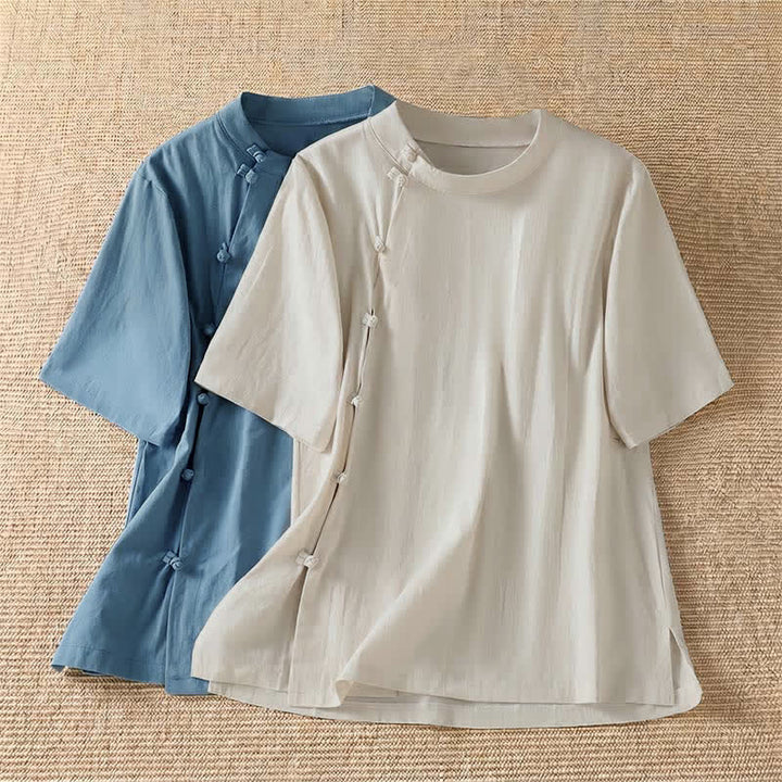 Buddha Stones Camicia da donna estiva casual a maniche corte con scollo rotondo e bottoni a rana, stile Tang. - image 14