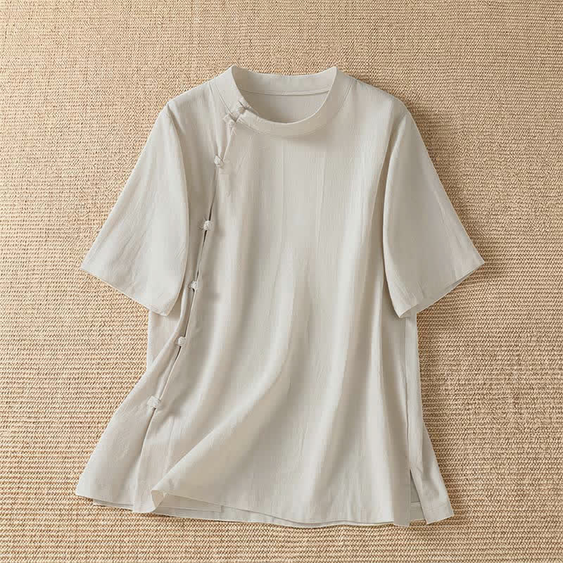 Buddha Stones Camicia da donna estiva casual a maniche corte con scollo rotondo e bottoni a rana, stile Tang. - Beige - US8-10, UK/AU12-14, EU40-42 (2XL) - image 5