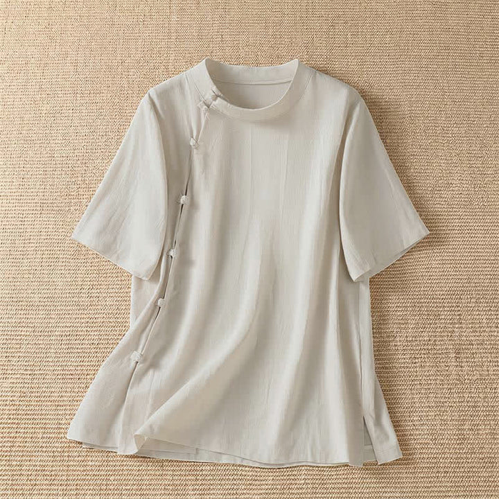 Buddha Stones Camicia da donna estiva casual a maniche corte con scollo rotondo e bottoni a rana, stile Tang. - Beige - US8-10, UK/AU12-14, EU40-42 (2XL) - image 5