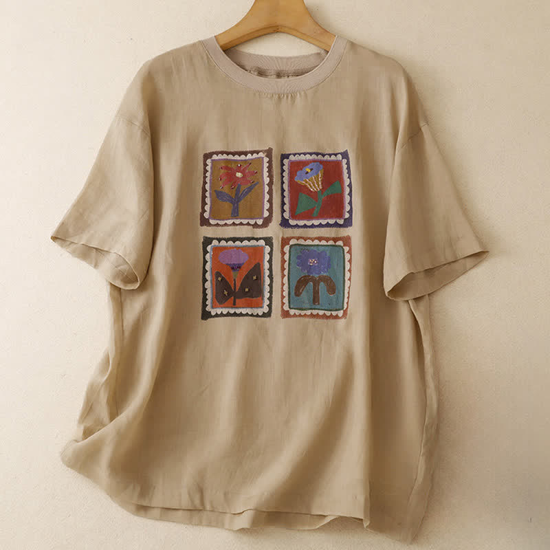 Buddha Stones T-shirt da donna a maniche corte, stile vintage, con stampa floreale e patchwork, perfette per l'estate. - Verga d'oro pallida - US12, UK/AU16, EU44 (2XL) - image 0