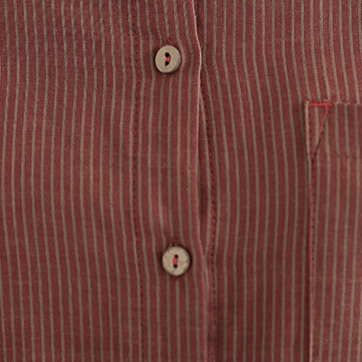 Buddha Stones Camicia da donna estiva casual a maniche lunghe con colletto alla coreana e taschino applicato, a righe, stile Tang. - image 17