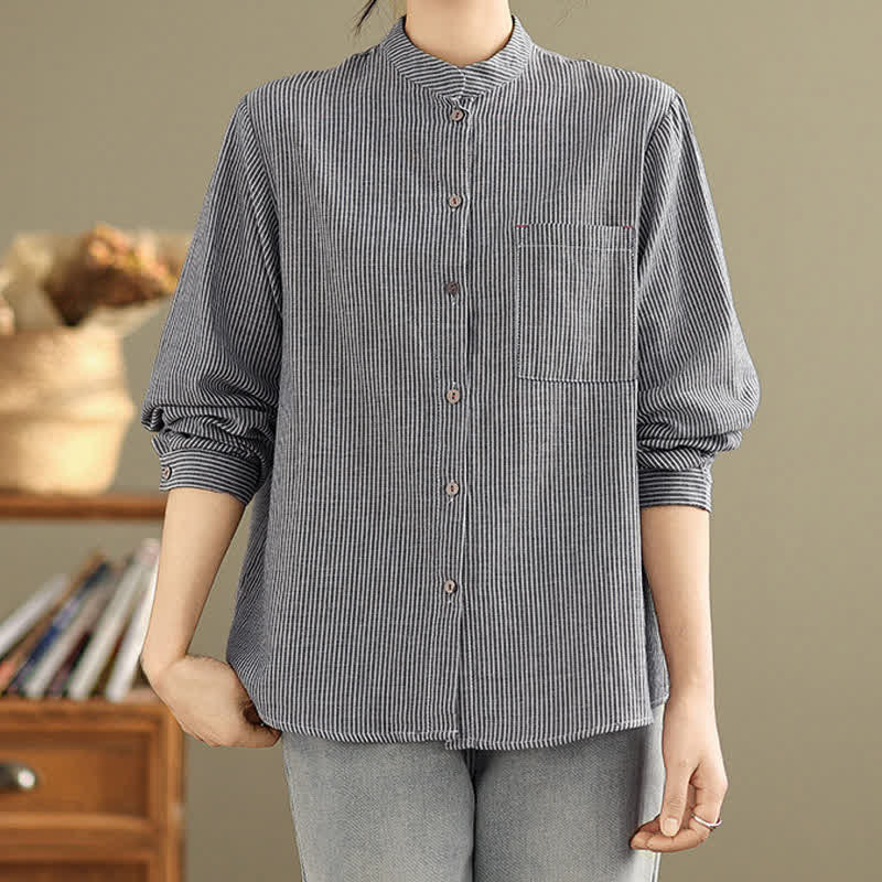 Buddha Stones Camicia da donna estiva casual a maniche lunghe con colletto alla coreana e taschino applicato, a righe, stile Tang. - image 2
