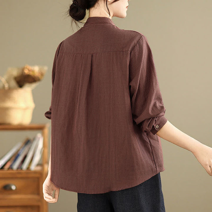 Buddha Stones Camicia da donna estiva casual a maniche lunghe con colletto alla coreana e taschino applicato, a righe, stile Tang. - image 11