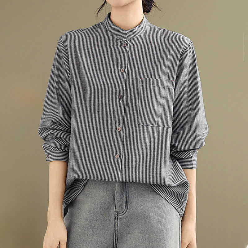 Buddha Stones Camicia da donna estiva casual a maniche lunghe con colletto alla coreana e taschino applicato, a righe, stile Tang. - image 4