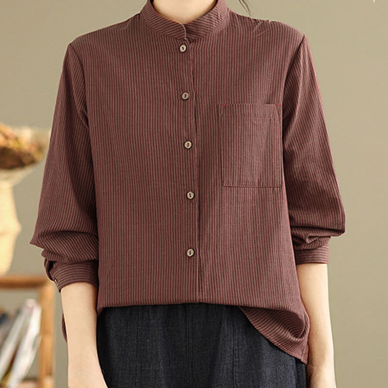 Buddha Stones Camicia da donna estiva casual a maniche lunghe con colletto alla coreana e taschino applicato, a righe, stile Tang. - image 13