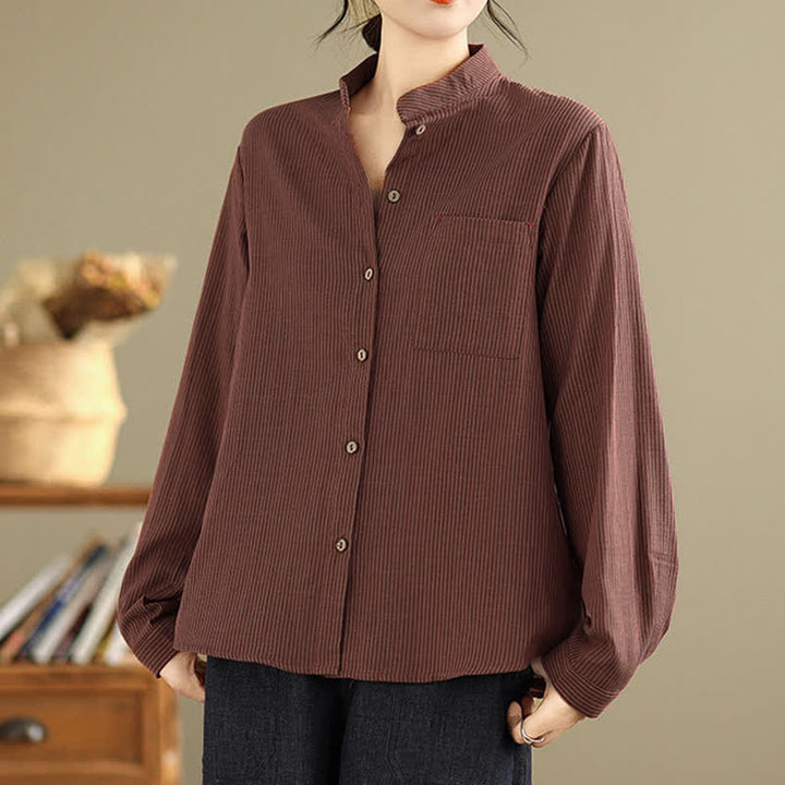 Buddha Stones Camicia da donna estiva casual a maniche lunghe con colletto alla coreana e taschino applicato, a righe, stile Tang. - image 10