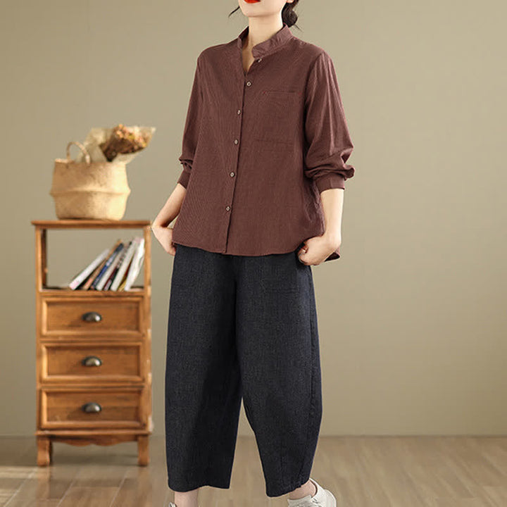 Buddha Stones Camicia da donna estiva casual a maniche lunghe con colletto alla coreana e taschino applicato, a righe, stile Tang. - image 14