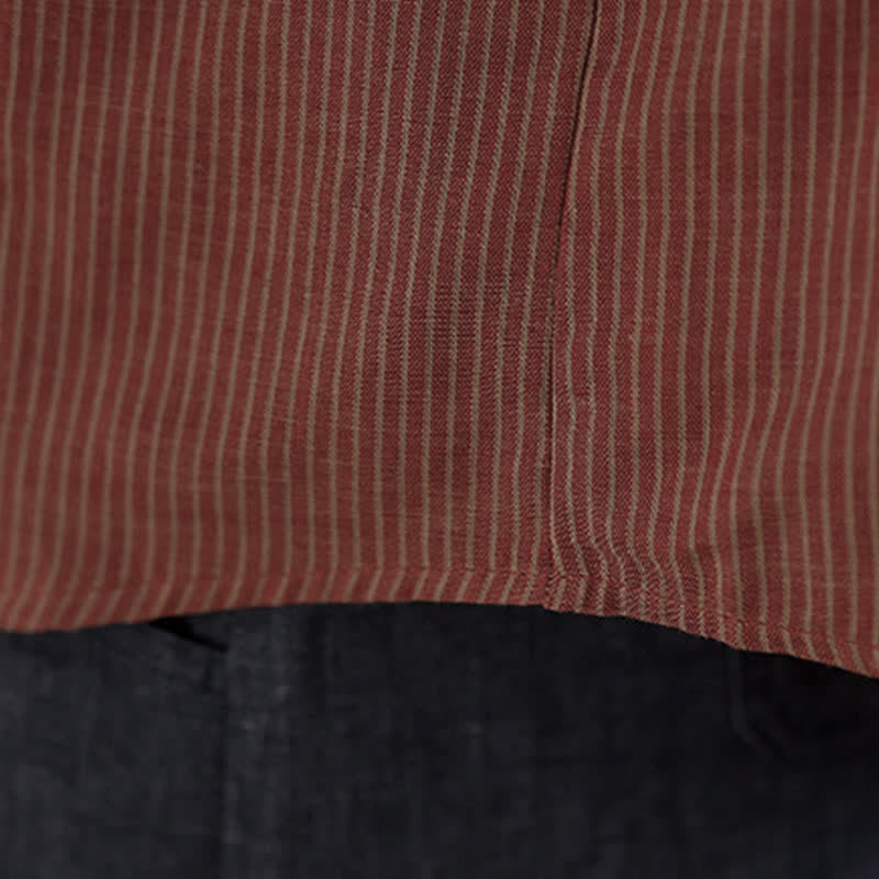 Buddha Stones Camicia da donna estiva casual a maniche lunghe con colletto alla coreana e taschino applicato, a righe, stile Tang. - image 19