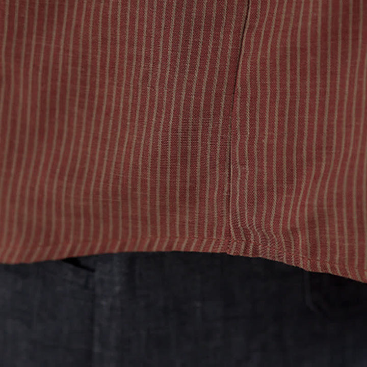 Buddha Stones Camicia da donna estiva casual a maniche lunghe con colletto alla coreana e taschino applicato, a righe, stile Tang. - image 19