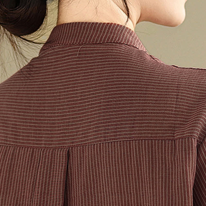 Buddha Stones Camicia da donna estiva casual a maniche lunghe con colletto alla coreana e taschino applicato, a righe, stile Tang. - image 16