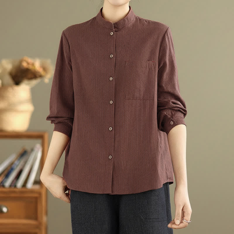 Buddha Stones Camicia da donna estiva casual a maniche lunghe con colletto alla coreana e taschino applicato, a righe, stile Tang. - image 9