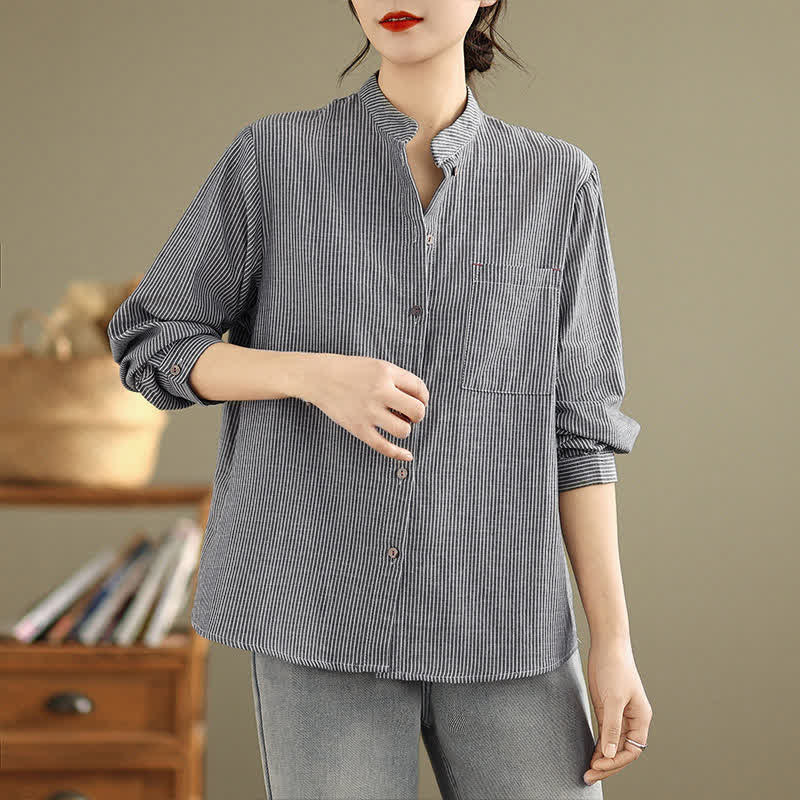 Buddha Stones Camicia da donna estiva casual a maniche lunghe con colletto alla coreana e taschino applicato, a righe, stile Tang. - Grigio - US8-10, UK/AU12-14, EU40-42 (2XL) - image 0