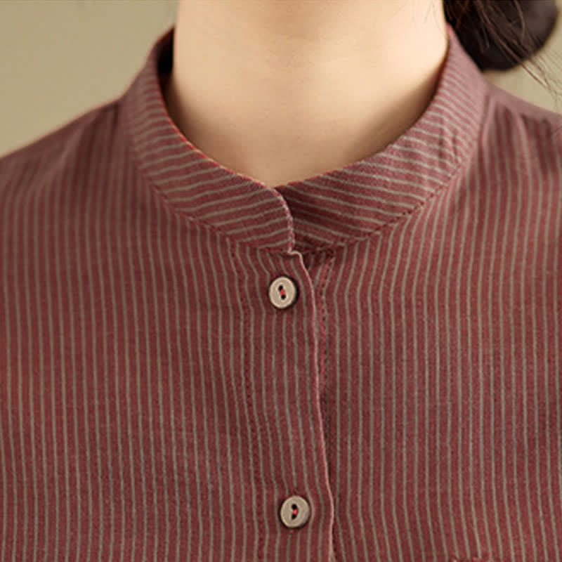 Buddha Stones Camicia da donna estiva casual a maniche lunghe con colletto alla coreana e taschino applicato, a righe, stile Tang. - image 15