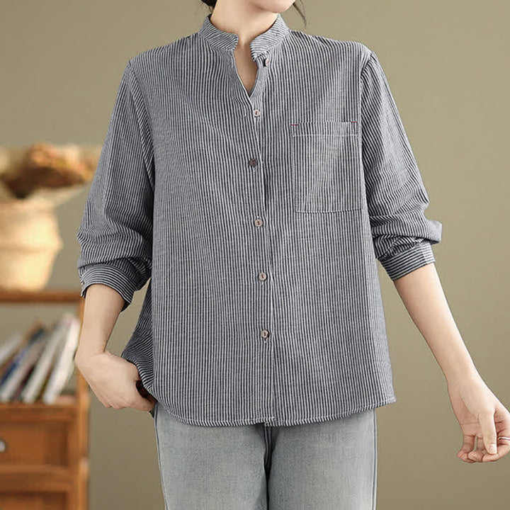 Buddha Stones Camicia da donna estiva casual a maniche lunghe con colletto alla coreana e taschino applicato, a righe, stile Tang. - image 5