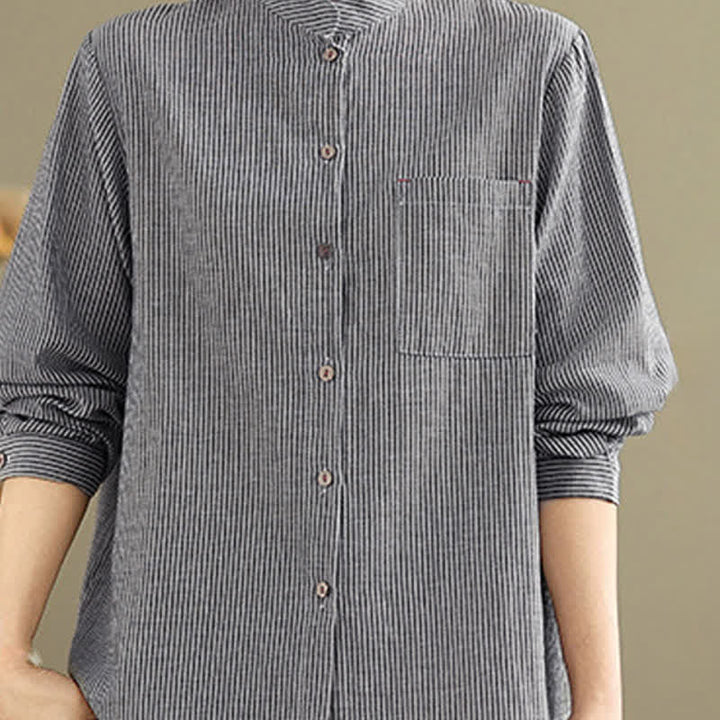 Buddha Stones Camicia da donna estiva casual a maniche lunghe con colletto alla coreana e taschino applicato, a righe, stile Tang. - image 6