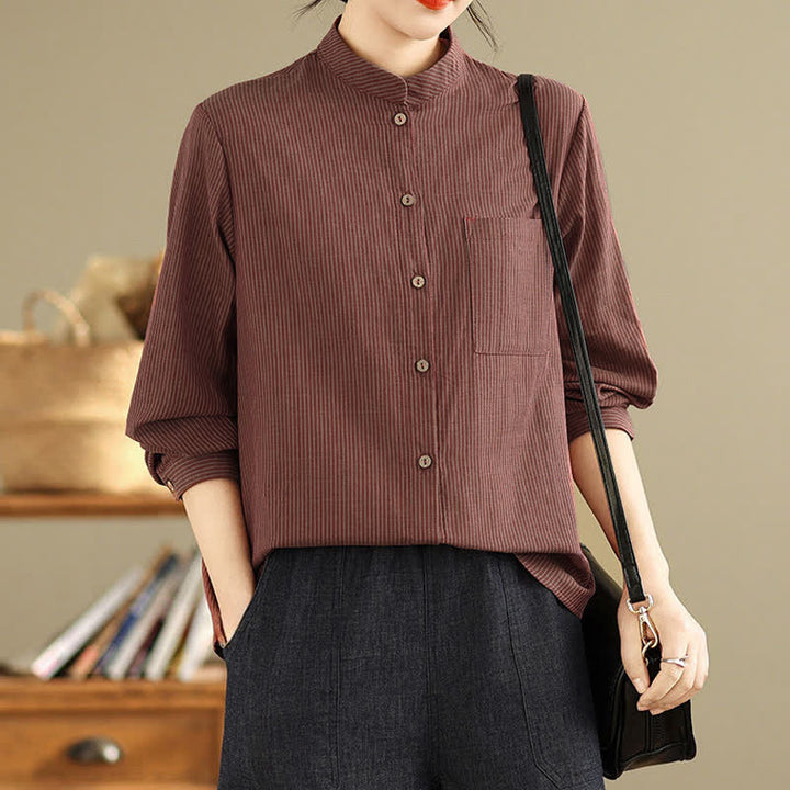 Buddha Stones Camicia da donna estiva casual a maniche lunghe con colletto alla coreana e taschino applicato, a righe, stile Tang. - Marrone - US8-10, UK/AU12-14, EU40-42 (2XL) - image 8