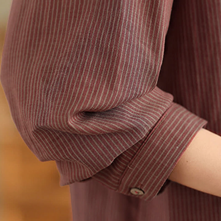 Buddha Stones Camicia da donna estiva casual a maniche lunghe con colletto alla coreana e taschino applicato, a righe, stile Tang. - image 18