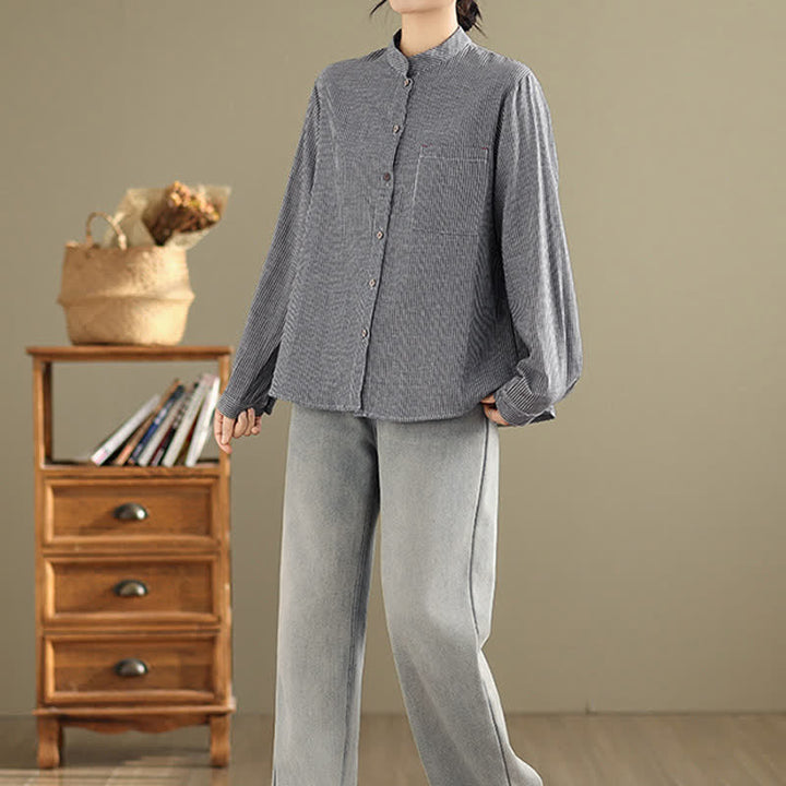 Buddha Stones Camicia da donna estiva casual a maniche lunghe con colletto alla coreana e taschino applicato, a righe, stile Tang. - image 7