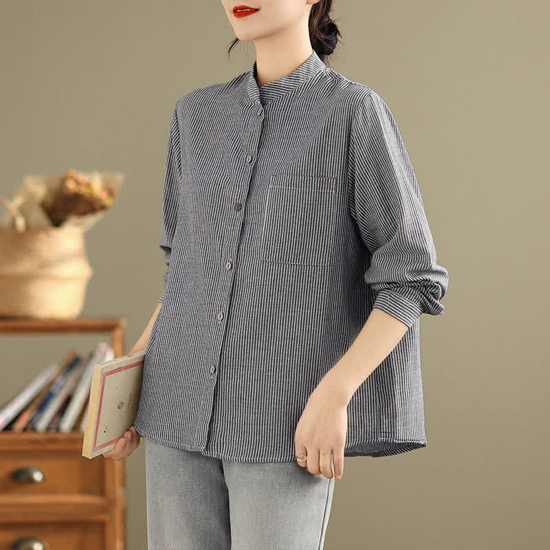 Buddha Stones Camicia da donna estiva casual a maniche lunghe con colletto alla coreana e taschino applicato, a righe, stile Tang. - image 1