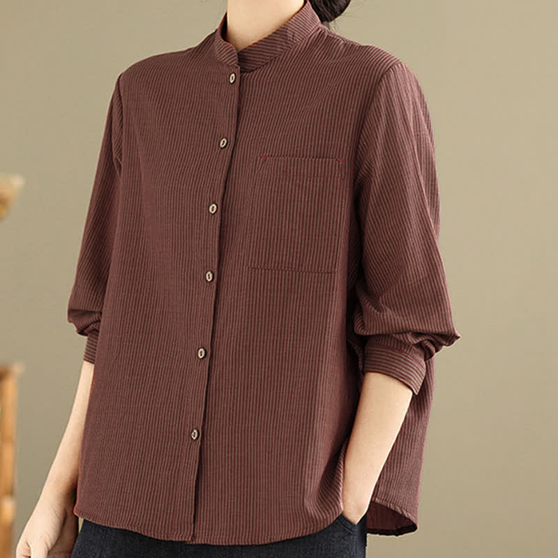 Buddha Stones Camicia da donna estiva casual a maniche lunghe con colletto alla coreana e taschino applicato, a righe, stile Tang. - image 12
