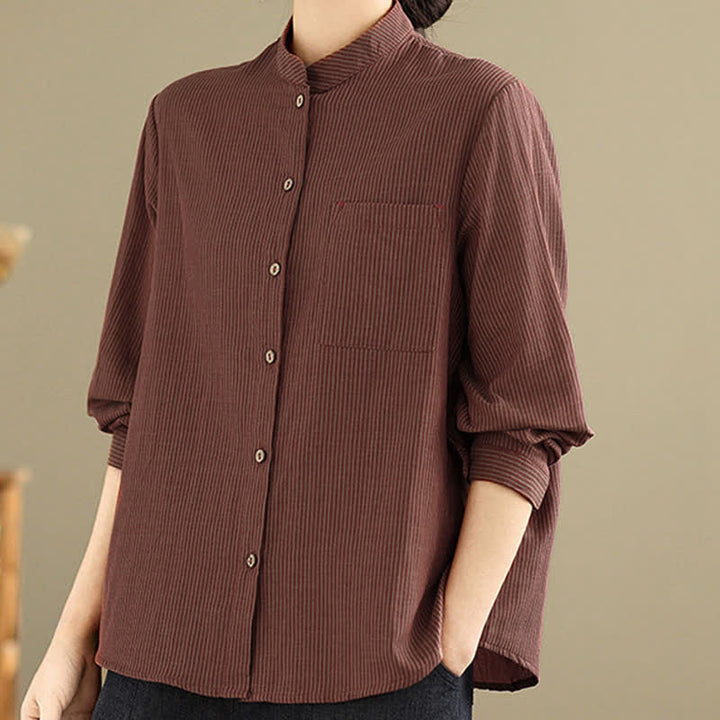 Buddha Stones Camicia da donna estiva casual a maniche lunghe con colletto alla coreana e taschino applicato, a righe, stile Tang. - image 12