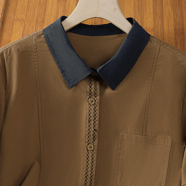 Buddha Stones Camicia da donna estiva casual minimalista a maniche lunghe con bordi a contrasto e tasca applicata. - image 11