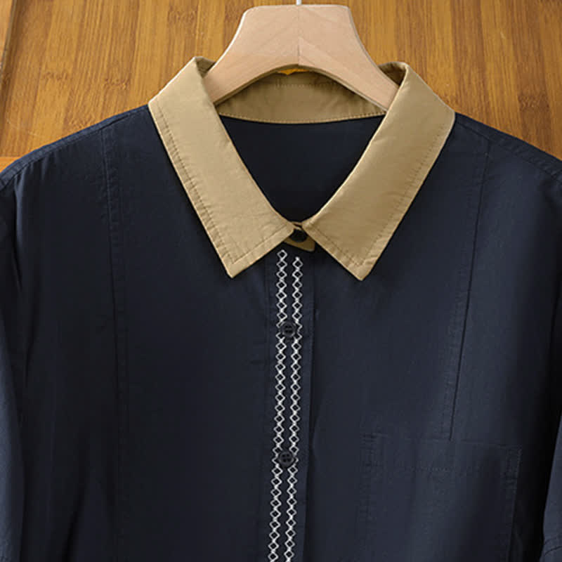 Buddha Stones Camicia da donna estiva casual minimalista a maniche lunghe con bordi a contrasto e tasca applicata. - image 2