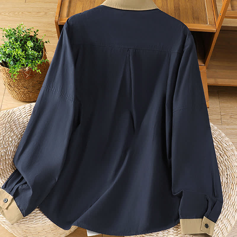 Buddha Stones Camicia da donna estiva casual minimalista a maniche lunghe con bordi a contrasto e tasca applicata. - image 1