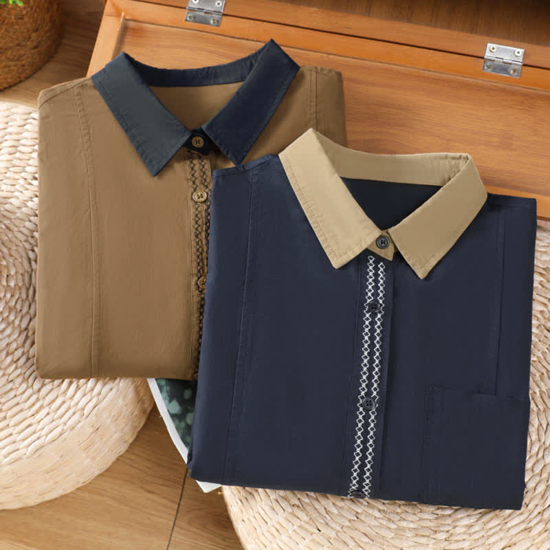 Buddha Stones Camicia da donna estiva casual minimalista a maniche lunghe con bordi a contrasto e tasca applicata. - image 20