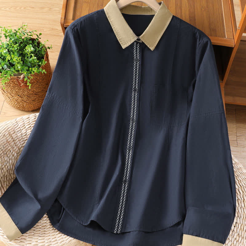 Buddha Stones Camicia da donna estiva casual minimalista a maniche lunghe con bordi a contrasto e tasca applicata. - Blu mezzanotte - US8-10, UK/AU12-14, EU40-42 (2XL) - image 0