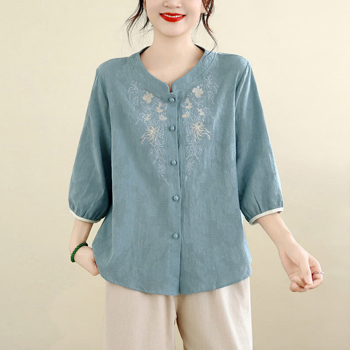 Buddha Stones Camicie estive da donna a maniche a tre quarti con ricami floreali in stile Tang vintage. - Azzurro polvere - US12, UK/AU16, EU44 (3XL) - image 18