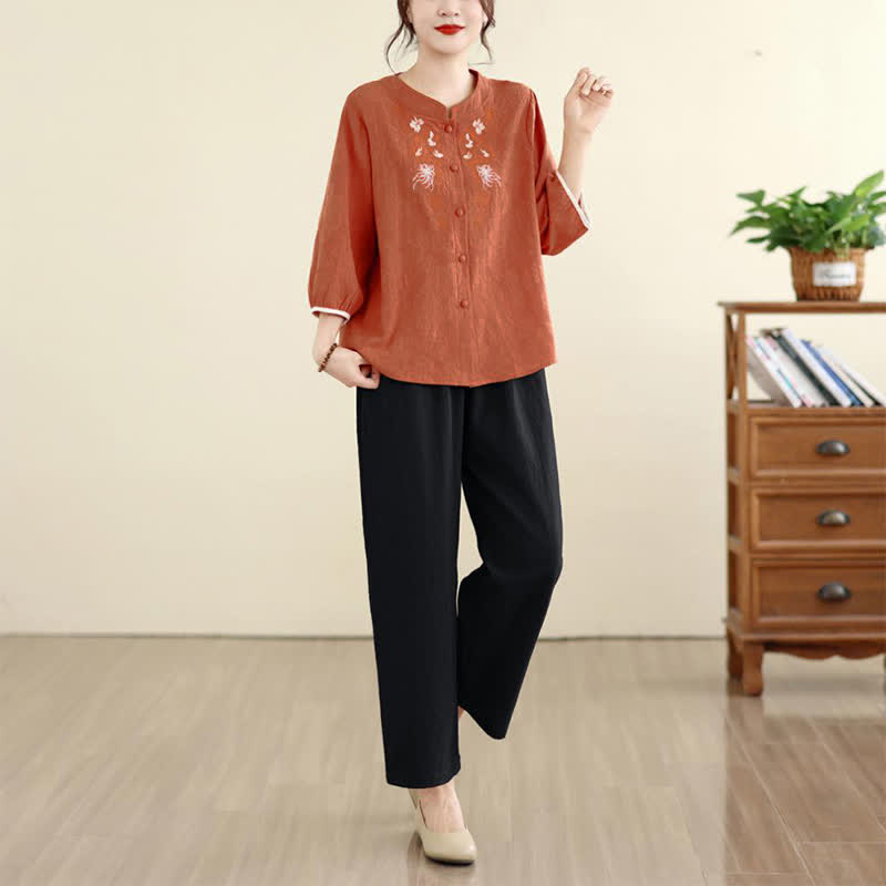 Buddha Stones Camicie estive da donna a maniche a tre quarti con ricami floreali in stile Tang vintage. - image 15