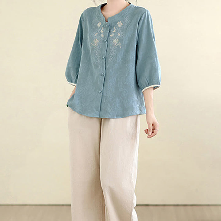 Buddha Stones Camicie estive da donna a maniche a tre quarti con ricami floreali in stile Tang vintage. - image 19