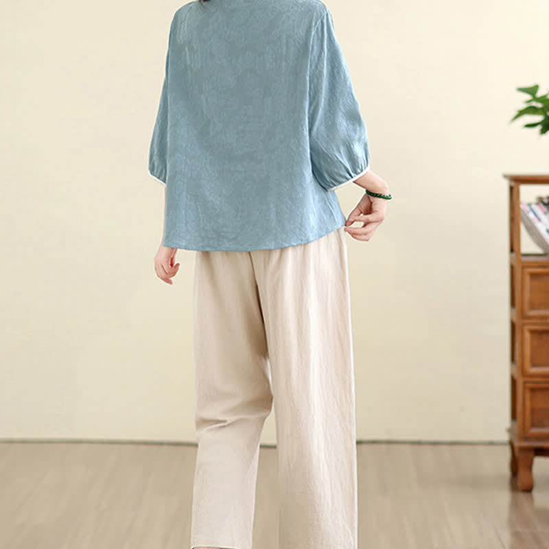 Buddha Stones Camicie estive da donna a maniche a tre quarti con ricami floreali in stile Tang vintage. - image 20