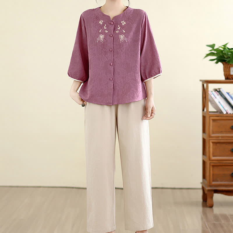 Buddha Stones Camicie estive da donna a maniche a tre quarti con ricami floreali in stile Tang vintage. - image 1