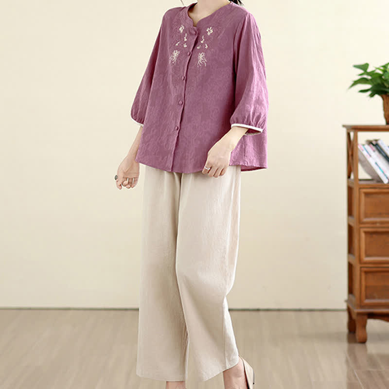 Buddha Stones Camicie estive da donna a maniche a tre quarti con ricami floreali in stile Tang vintage. - image 3