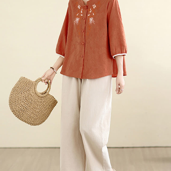 Buddha Stones Camicie estive da donna a maniche a tre quarti con ricami floreali in stile Tang vintage. - image 16