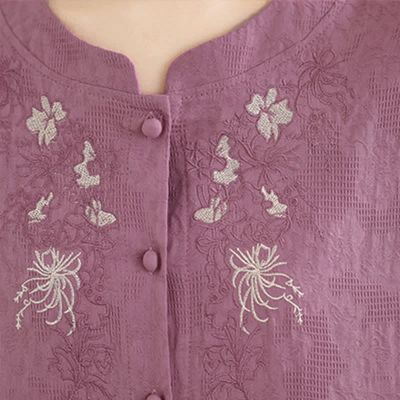 Buddha Stones Camicie estive da donna a maniche a tre quarti con ricami floreali in stile Tang vintage. - image 6