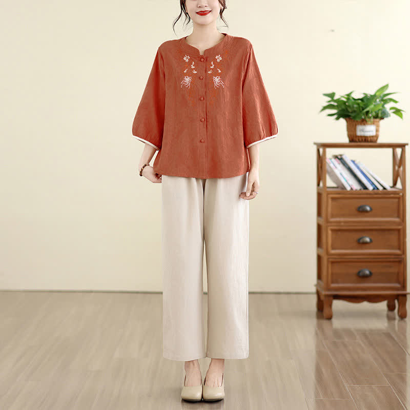 Buddha Stones Camicie estive da donna a maniche a tre quarti con ricami floreali in stile Tang vintage. - image 13