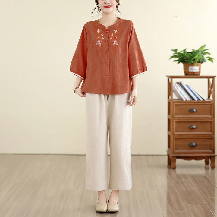 Buddha Stones Camicie estive da donna a maniche a tre quarti con ricami floreali in stile Tang vintage. - image 13