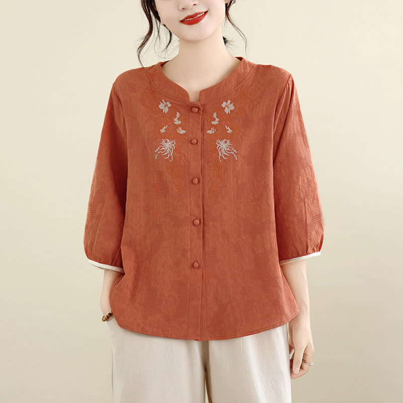 Buddha Stones Camicie estive da donna a maniche a tre quarti con ricami floreali in stile Tang vintage. - Corallo - US12, UK/AU16, EU44 (3XL) - image 10