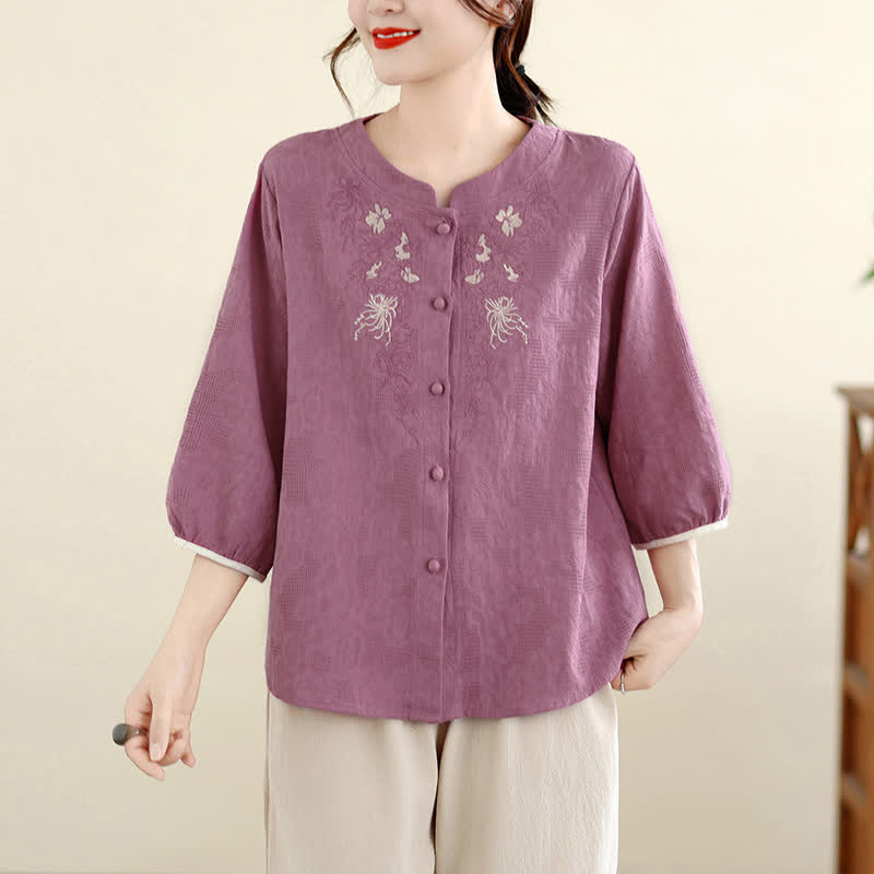 Buddha Stones Camicie estive da donna a maniche a tre quarti con ricami floreali in stile Tang vintage. - Rosso viola pallido - US12, UK/AU16, EU44 (3XL) - image 0