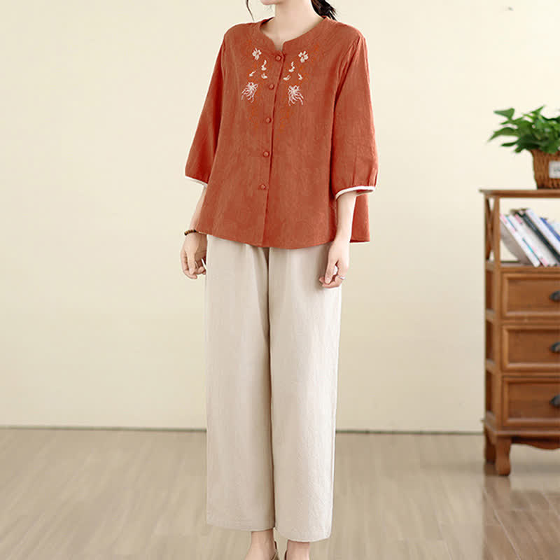 Buddha Stones Camicie estive da donna a maniche a tre quarti con ricami floreali in stile Tang vintage. - image 12