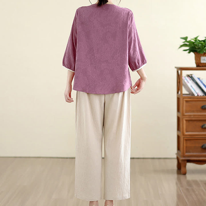 Buddha Stones Camicie estive da donna a maniche a tre quarti con ricami floreali in stile Tang vintage. - image 2